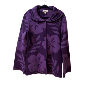 Neve Valerie Wool Jacket Large  Leaf Print Toggle Collared Preppy Purple